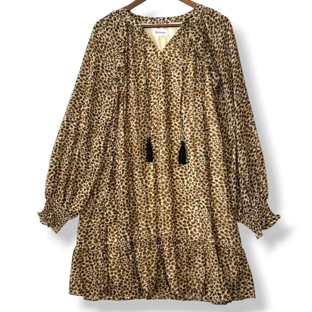 &merci Leopard Dress M Brown Tassel Boho Ruffle Hem Babydoll Pockets Lined Chic